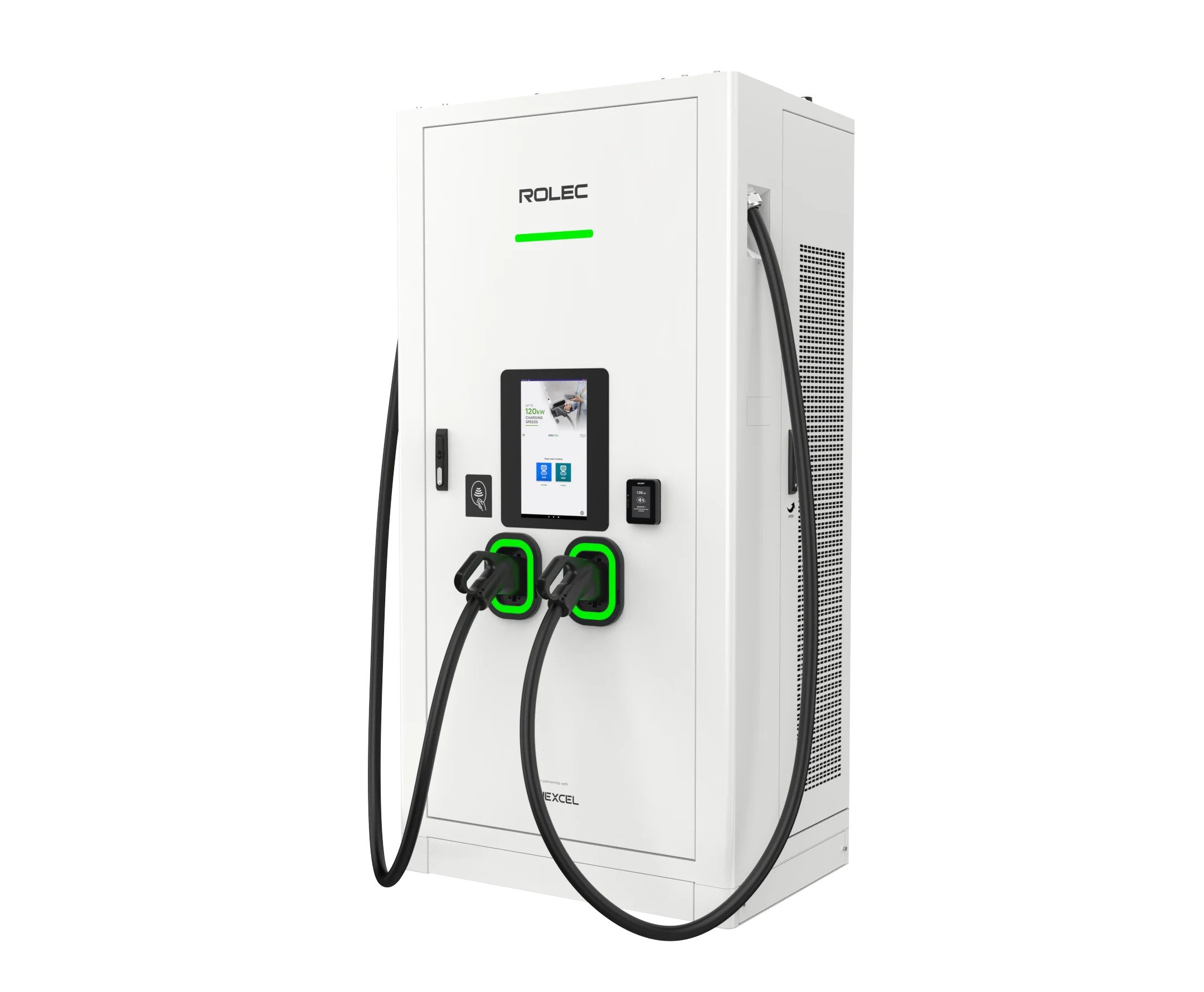 Electric vehicle charging station with two charging cables, a digital display, and a touch screen interface.