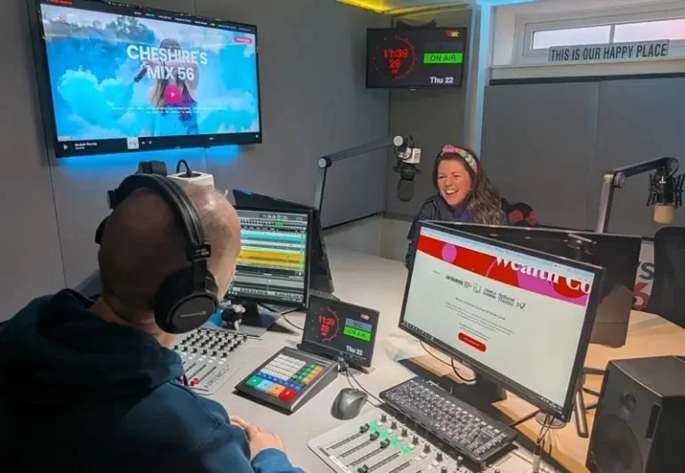 Sara Jane Maxwell recording in a radio studio
