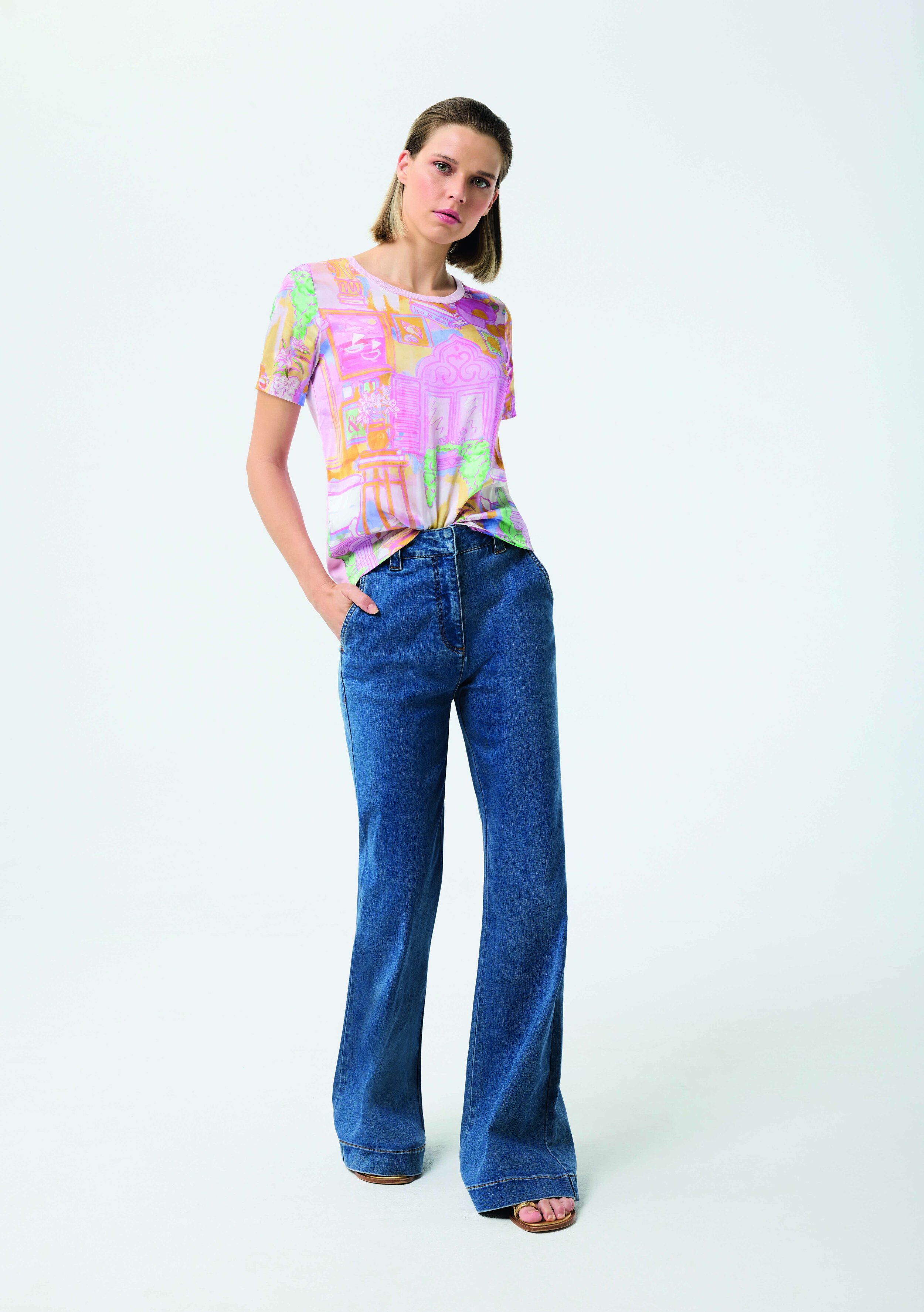 Pale pink patterned round neck short sleeve top | Leo and Ugo