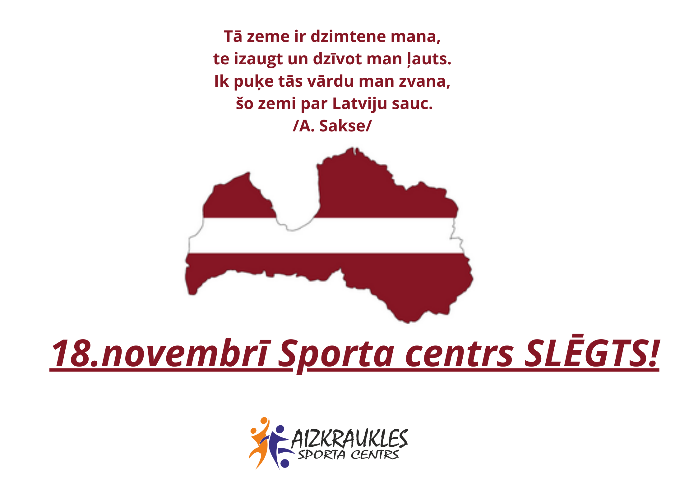 18.novembrī Sporta centrs slēgts!