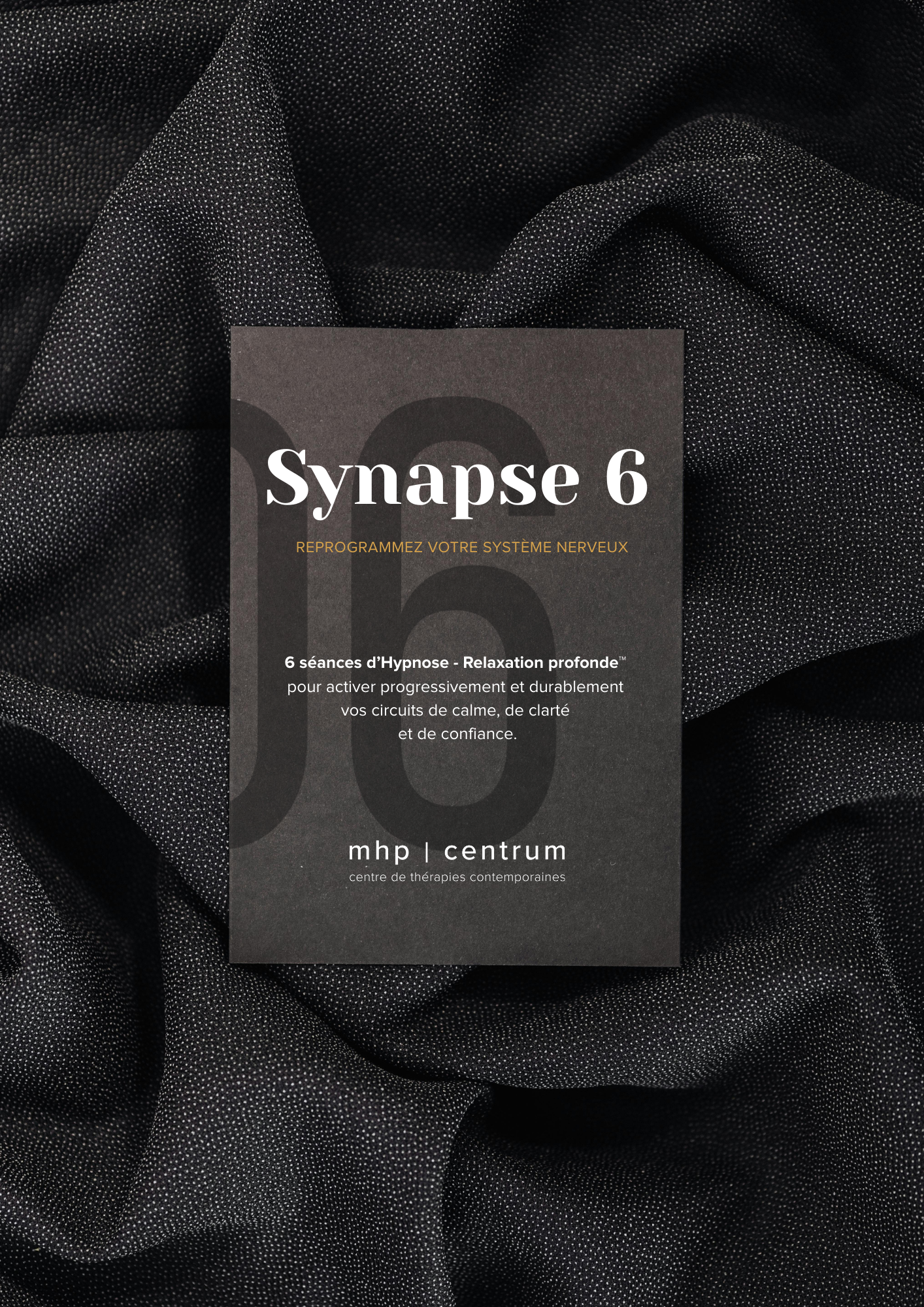 Black plate with white and orange text on black microdot fabric.