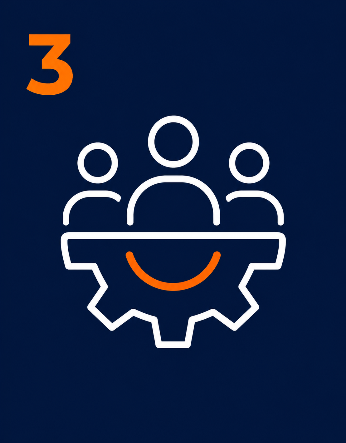 Neon outline of three people sitting behind a gear with a smiling face.