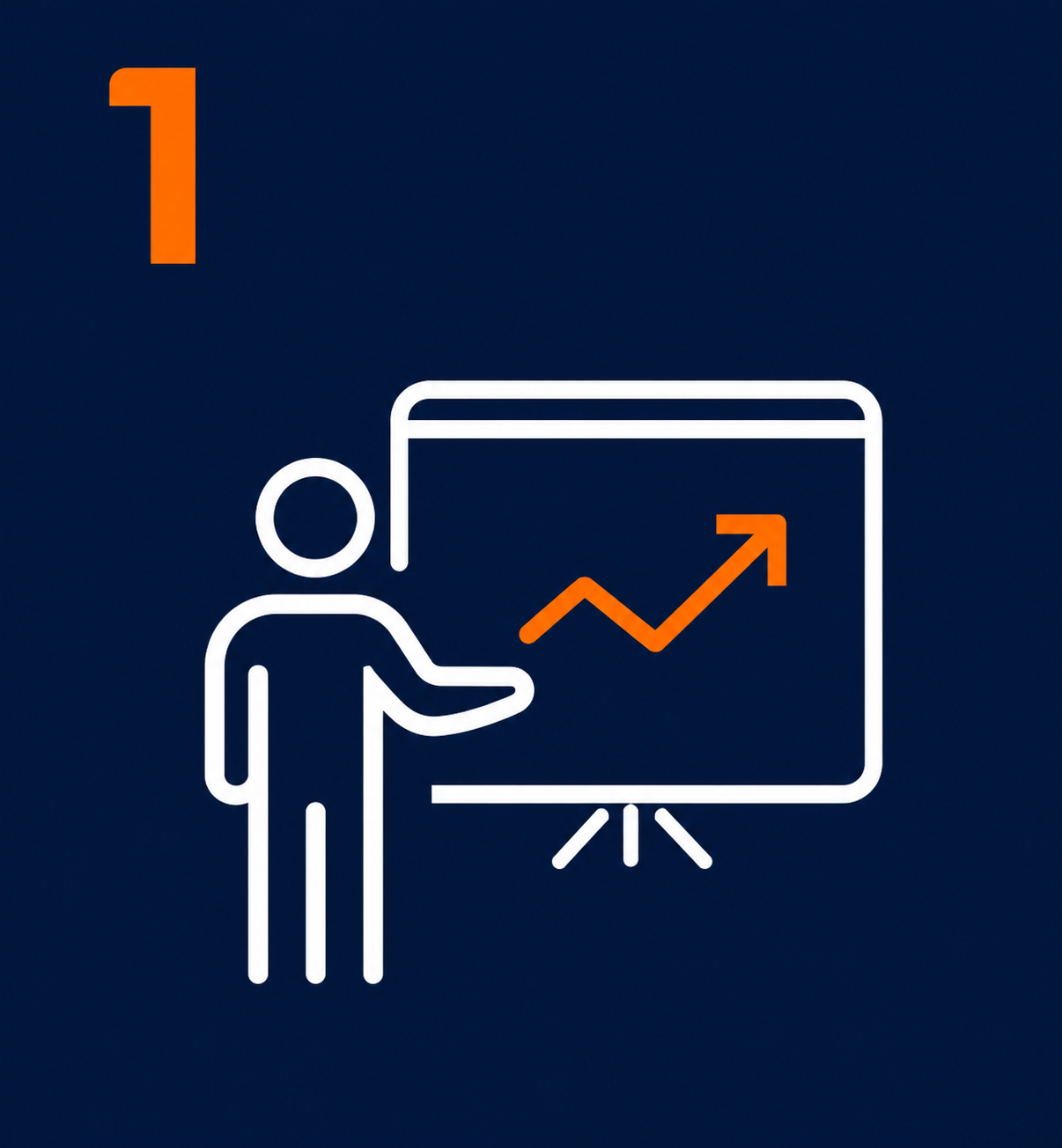 An icon of a person pointing at a presentation board with an upward trending graph.
