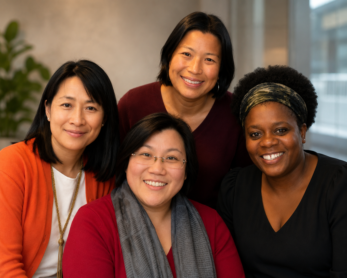 Five women of diverse ethnic backgrounds smiling indoors with a neutral background and window, posing for a group photo.