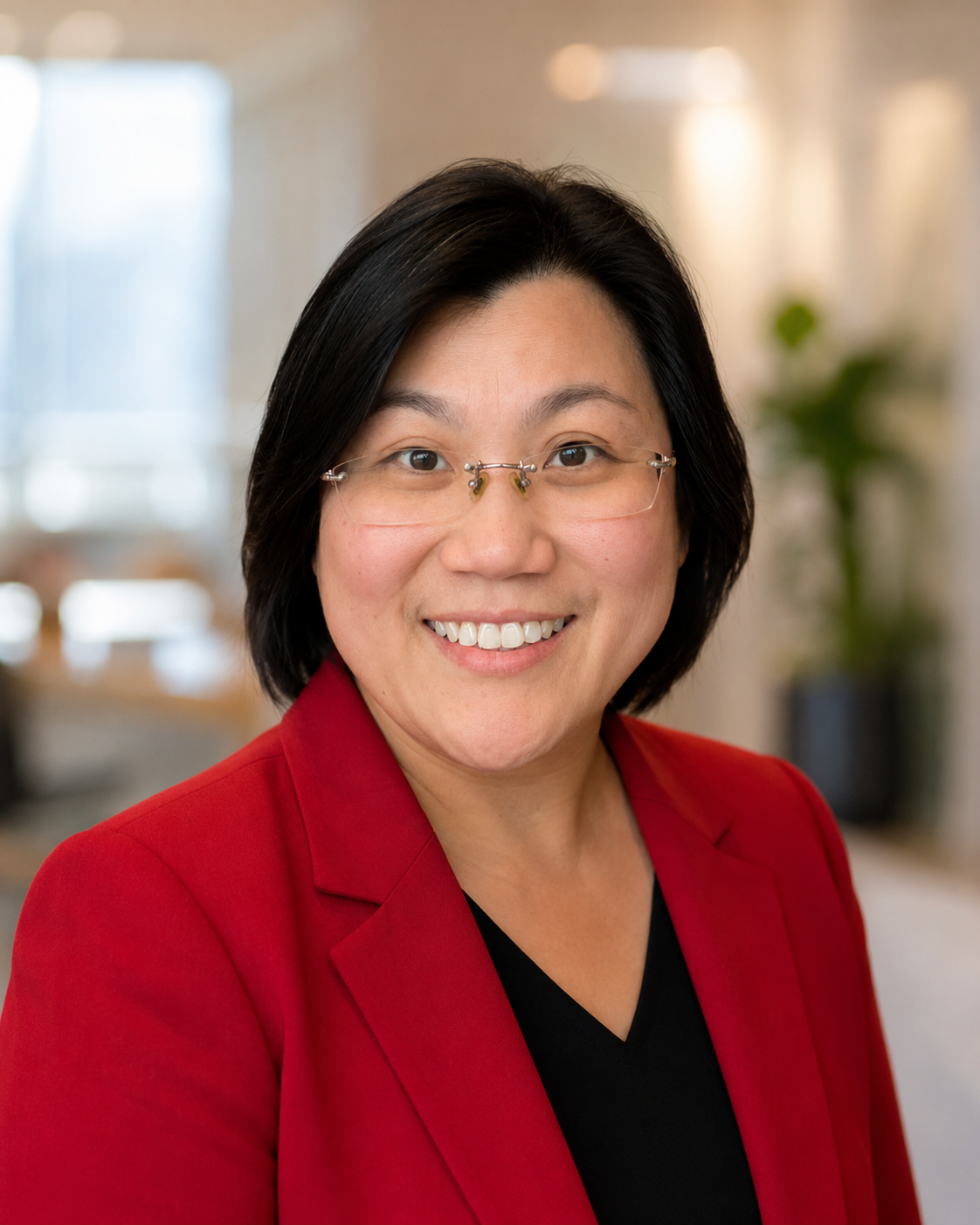 A smiling woman with short black hair wearing glasses, a red blazer, and a black top, indoors with a blurred background and natural lighting.
