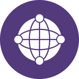 Icon of a globe with connecting lines and four circular nodes on a purple background.