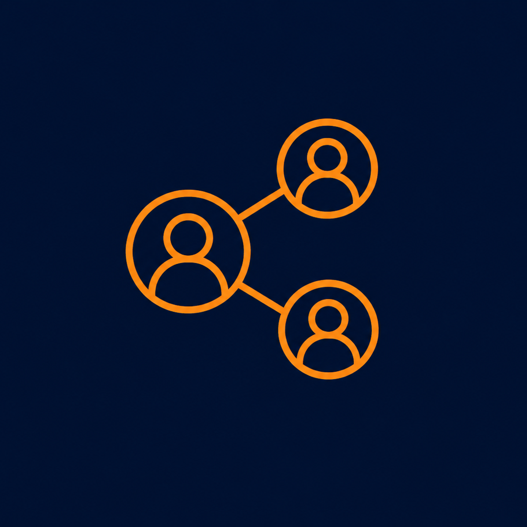 An orange outline of a social network diagram with connected user icons on a dark blue background.