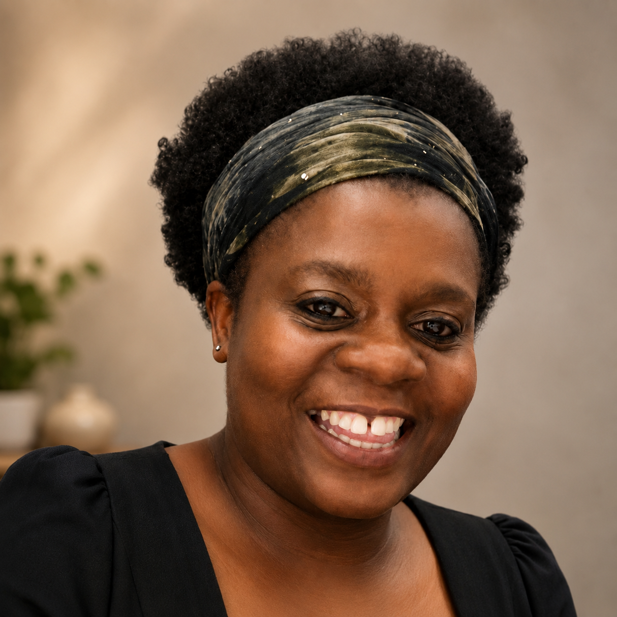 Close-up of a smiling woman with short curly hair wearing a black top and a patterned headscarf, indoors with a blurred background.
