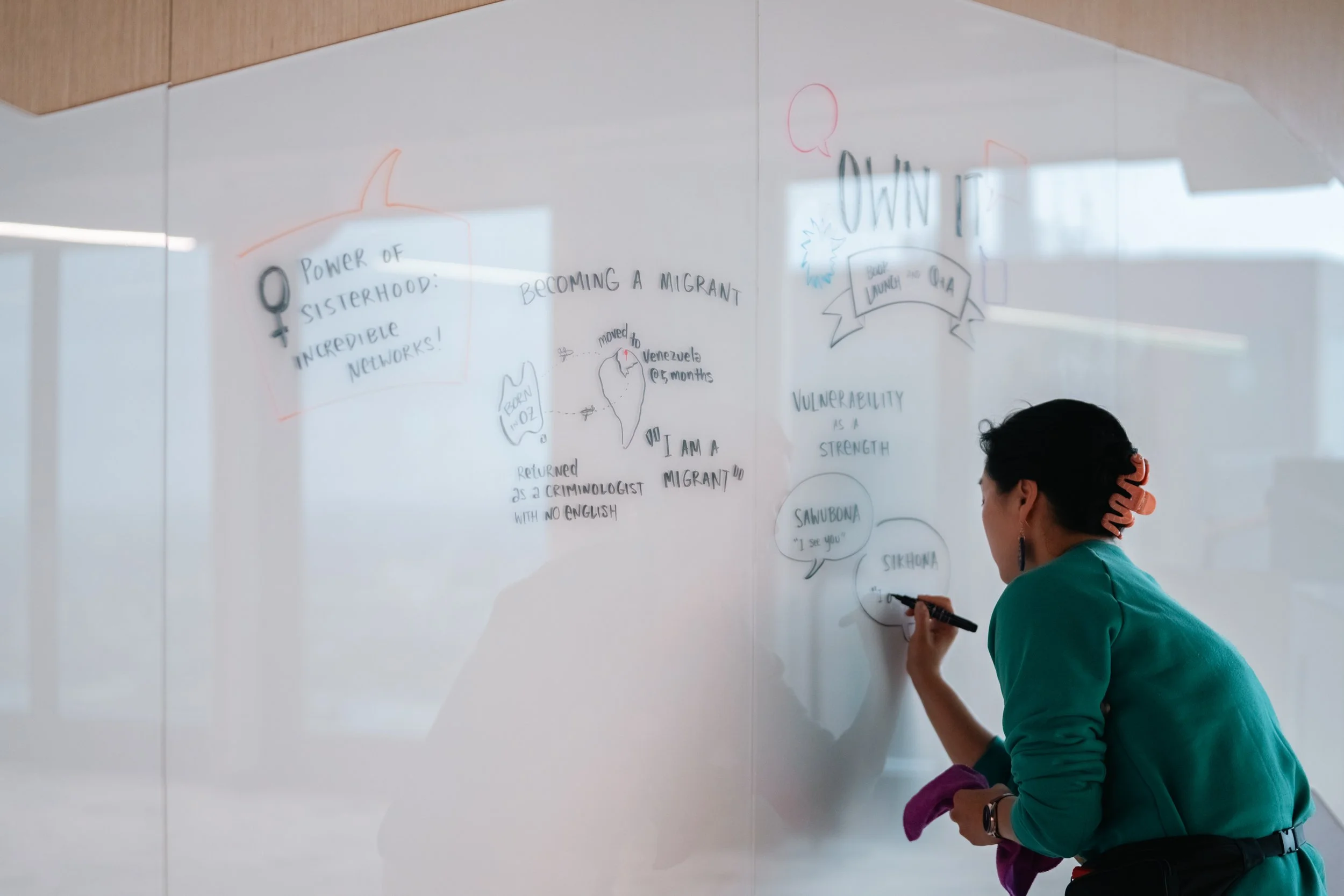 Person writing on a whiteboard with drawings and text, wearing a teal sweatshirt and a hair roller, with another person standing nearby.