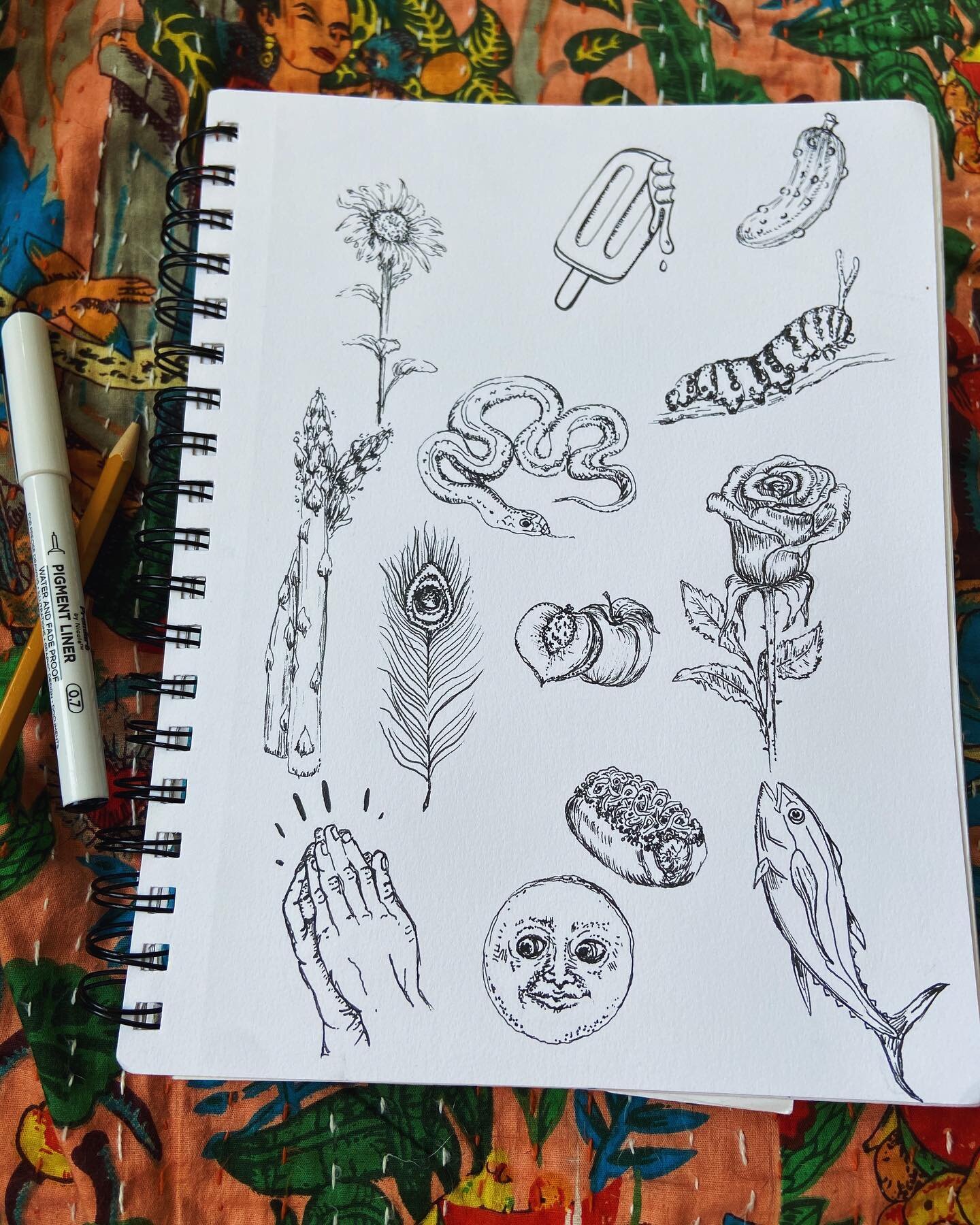 Took a day off from tufting to sketch out some of the suggestions you guys left me yesterday. Comment if you see ur idea &amp; if I got it right 🌝
.
.
.
.
.
.
.
.
.
.
#onlyblackink #onlyblacktattoos #inkdrawing #inkdrawings #inkdrawingart #micronpen