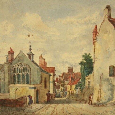 Lovely watercolour from the 1830&rsquo;s of the Three Kings of Cologne Chapel before Victorian gentrification of the area. Colston Street was previously named Steep Street before its widening for electric trams. 

#almshousesofbritain #bristolhistory