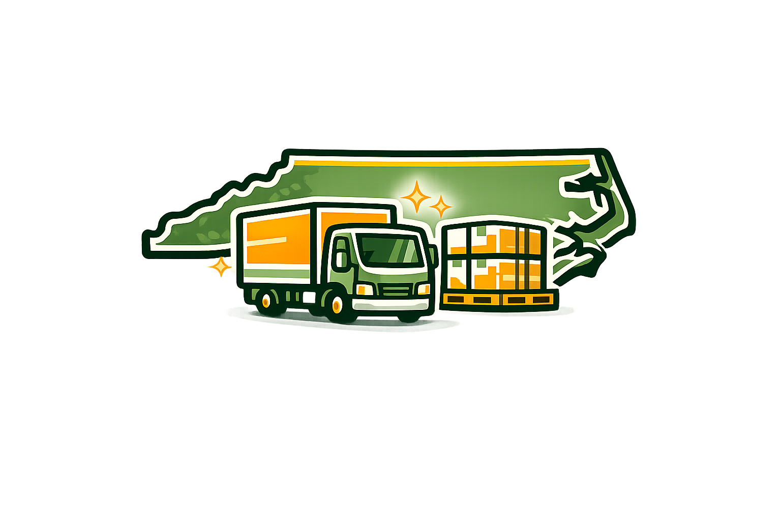 Illustration of a delivery truck in front of a map outline, with sparkles highlighting the scene, and a pallet of boxes next to it on a green background.