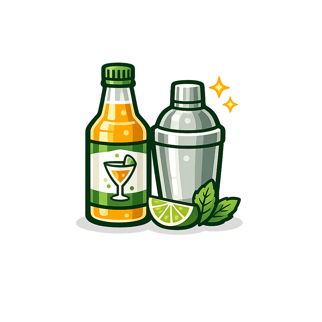 Illustration of a cocktail shaker, a small bottle with a cocktail glass label, a lime wedge, and mint leaves near a sparkling effect.