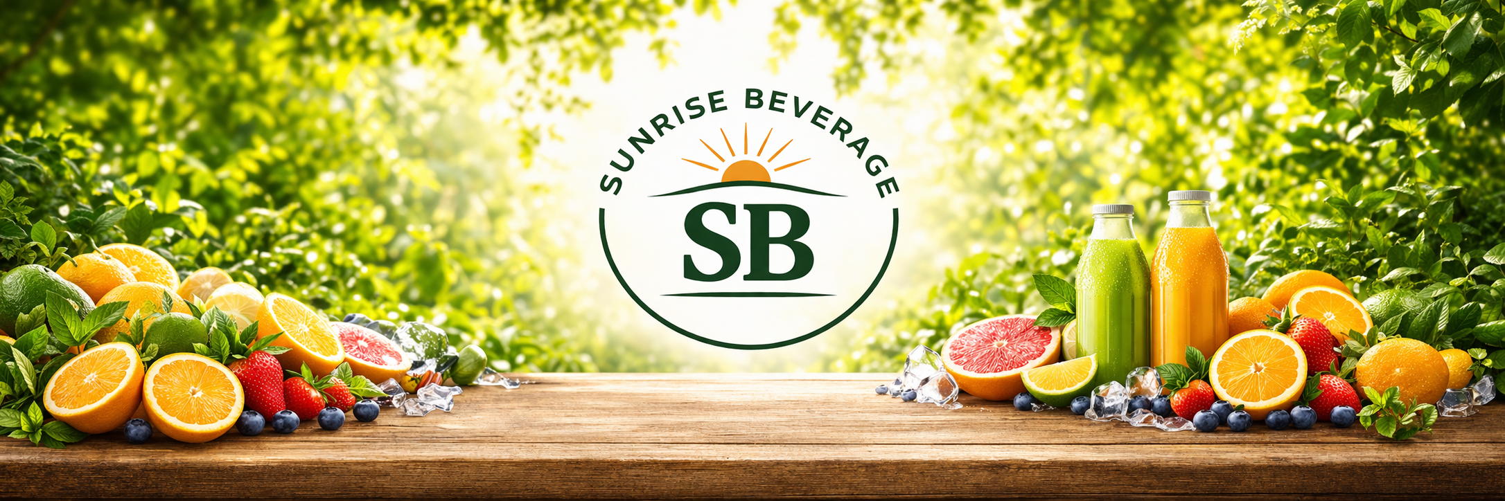 Fruit drinks and fresh fruits on a wooden table in an orchard with sunshine, with a logo that says 'Sunrise Beverage SB' in the center.
