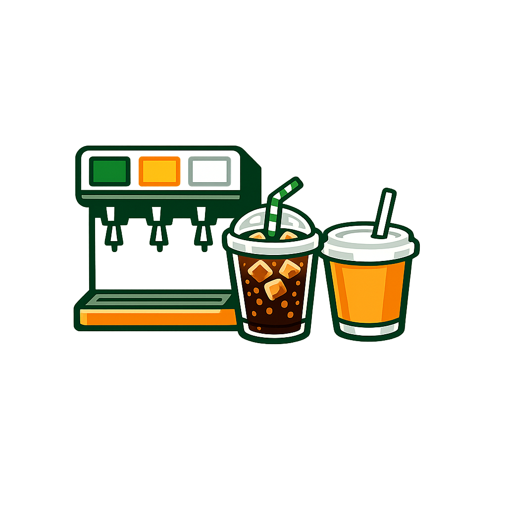 Illustration of a soda fountain machine with two cups of soda with ice, one with a green and white striped straw, the other with a white straw.