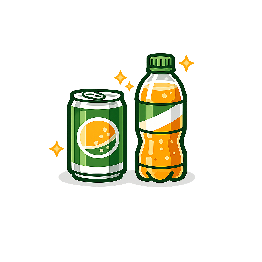 Digital illustration of a green soda can and an orange soda bottle with a white stripe, decorated with sparkles, against a black background.