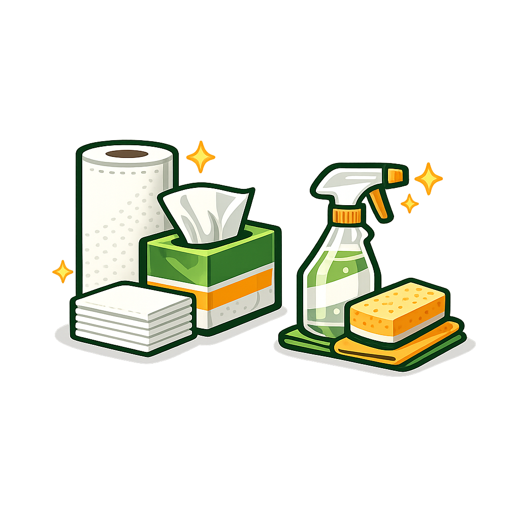 Cleaning supplies including paper towels, tissues, spray bottle, sponge, and cleaning cloths.