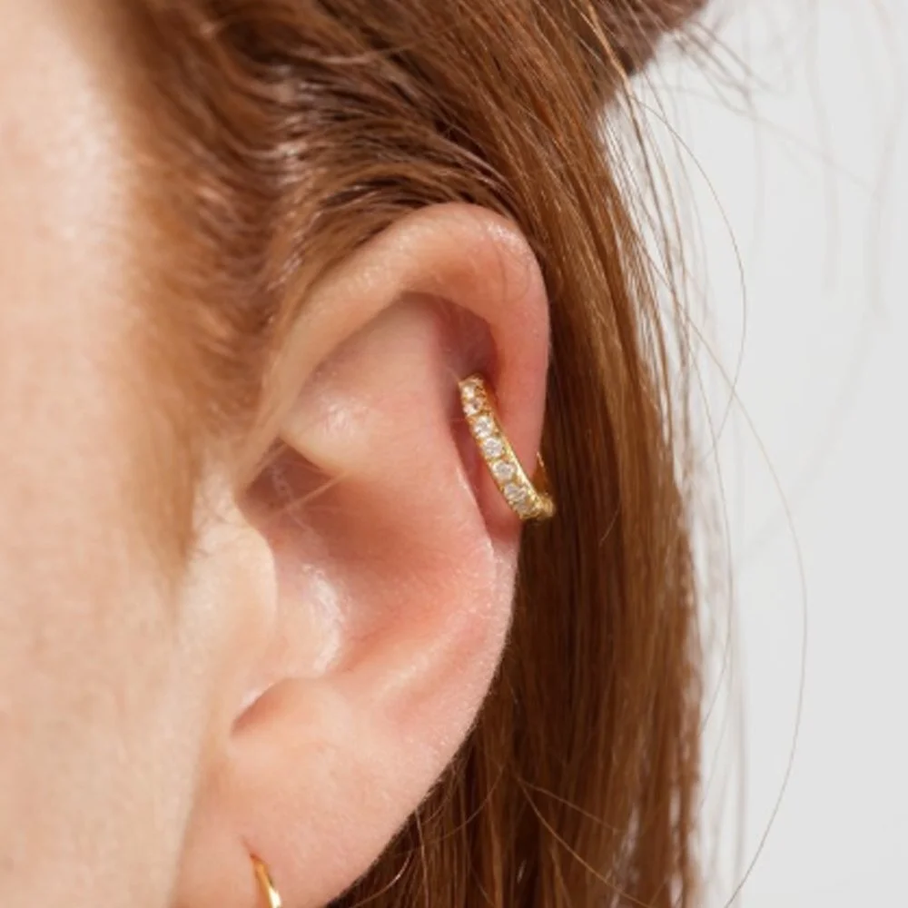 Gold Huggie Earrings with Clear Stones — Cotton and Gems Demi