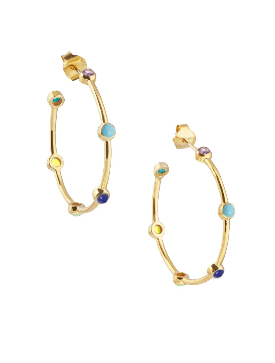 Large 18ct Gold Plated Multicolour Gemstone Studded Hoop Earrings - Large