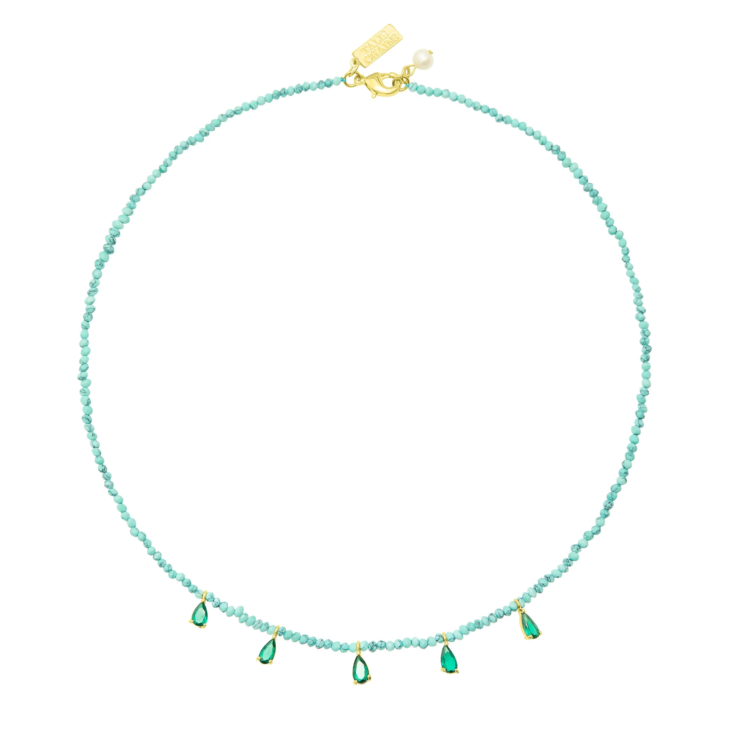 Talis Chains Beaded Necklace With CZ Drops- Turquoise and Emerald