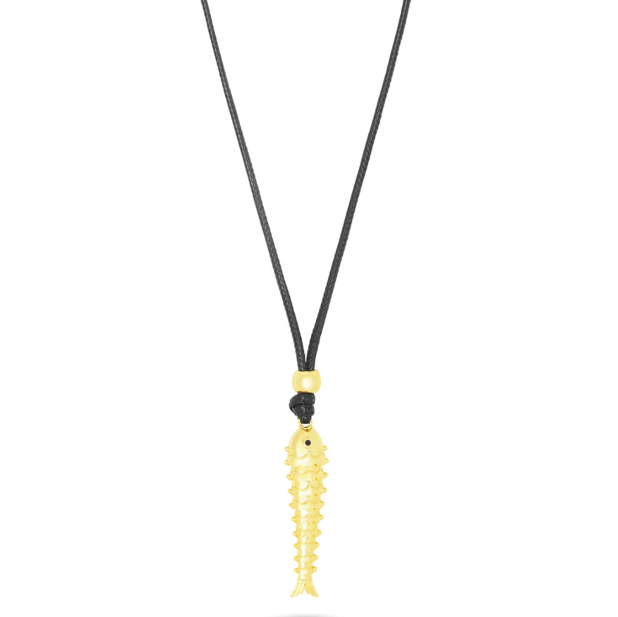 Fish Pendant On Waxed Leather Cord- Gold