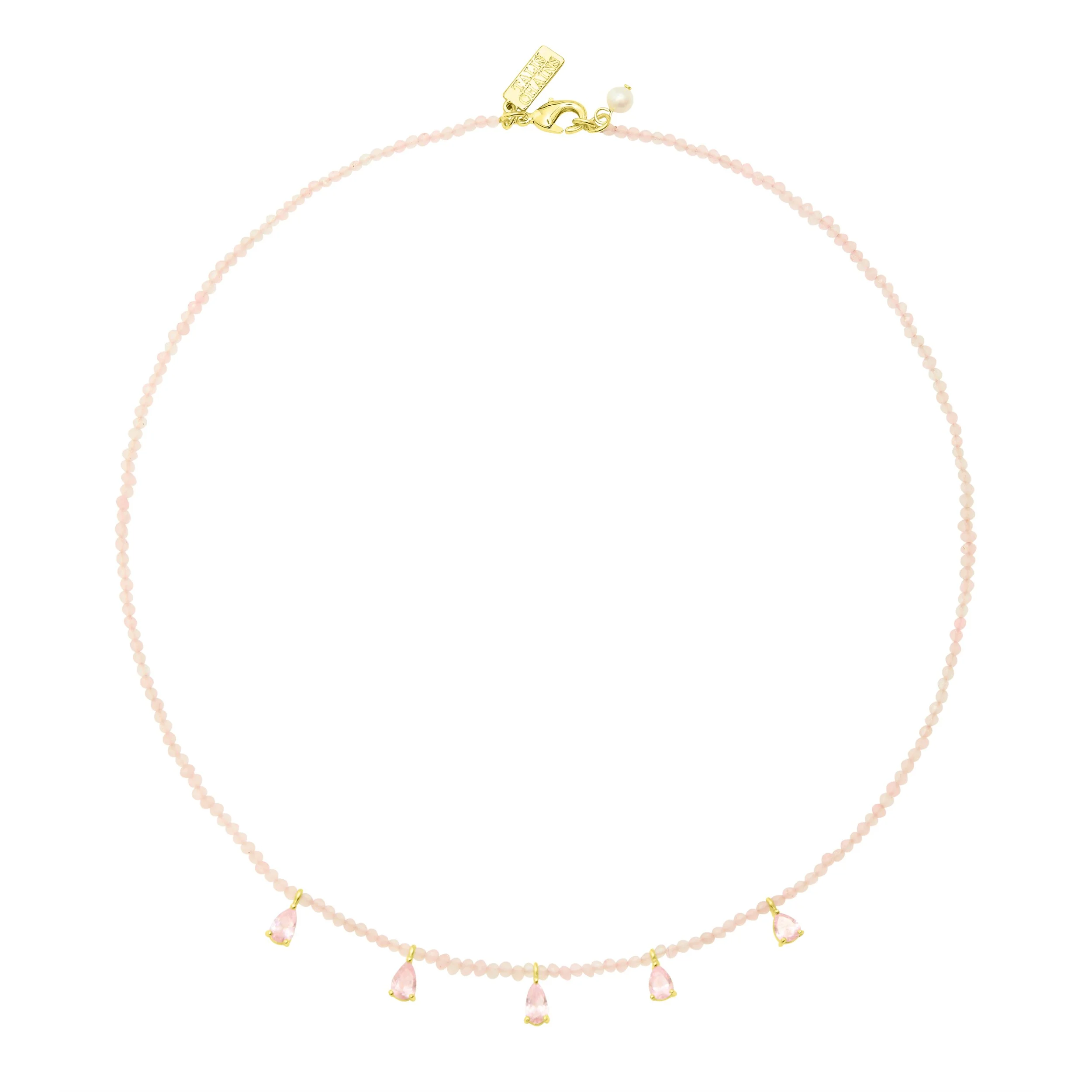Talis Chains Beaded Necklace With CZ Drops- Rose Quartz
