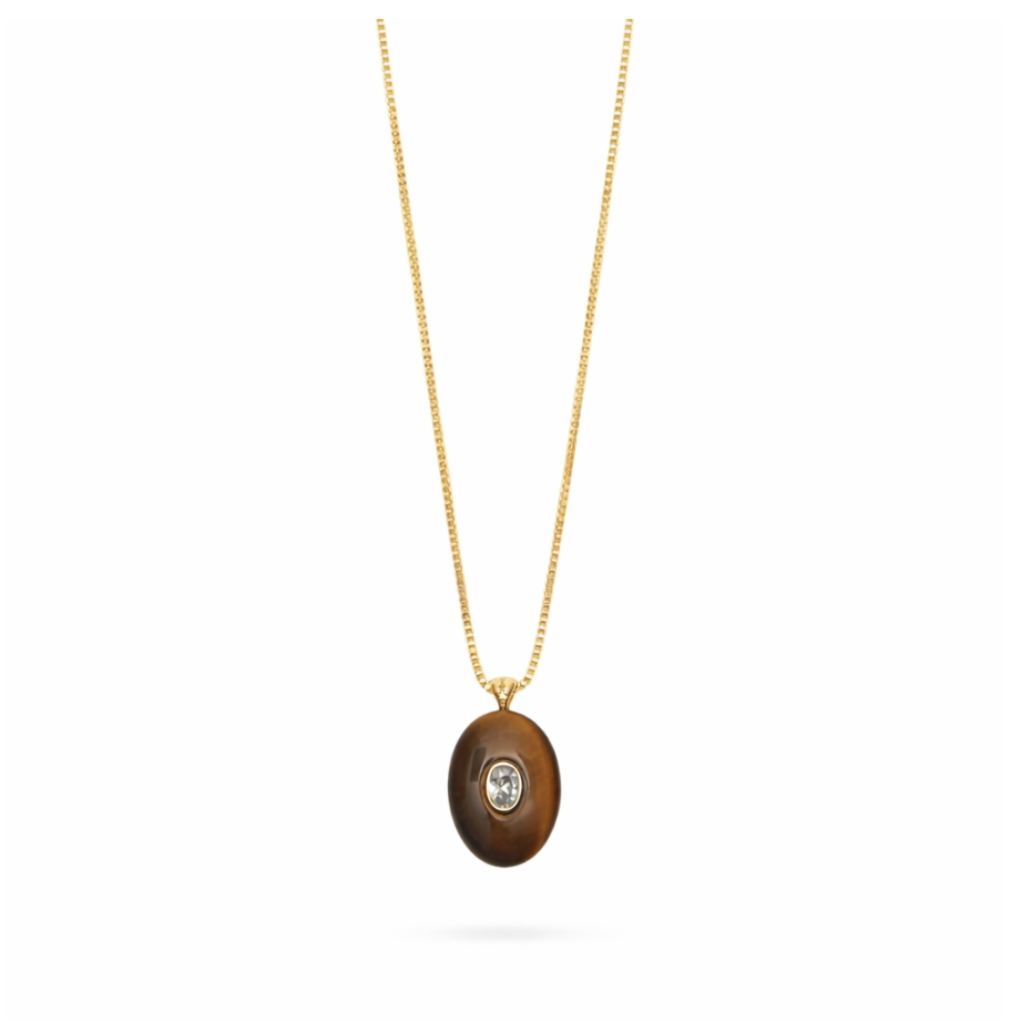 Talis Chains Oval Pendant Necklace- Tiger’s Eye/ White CZ