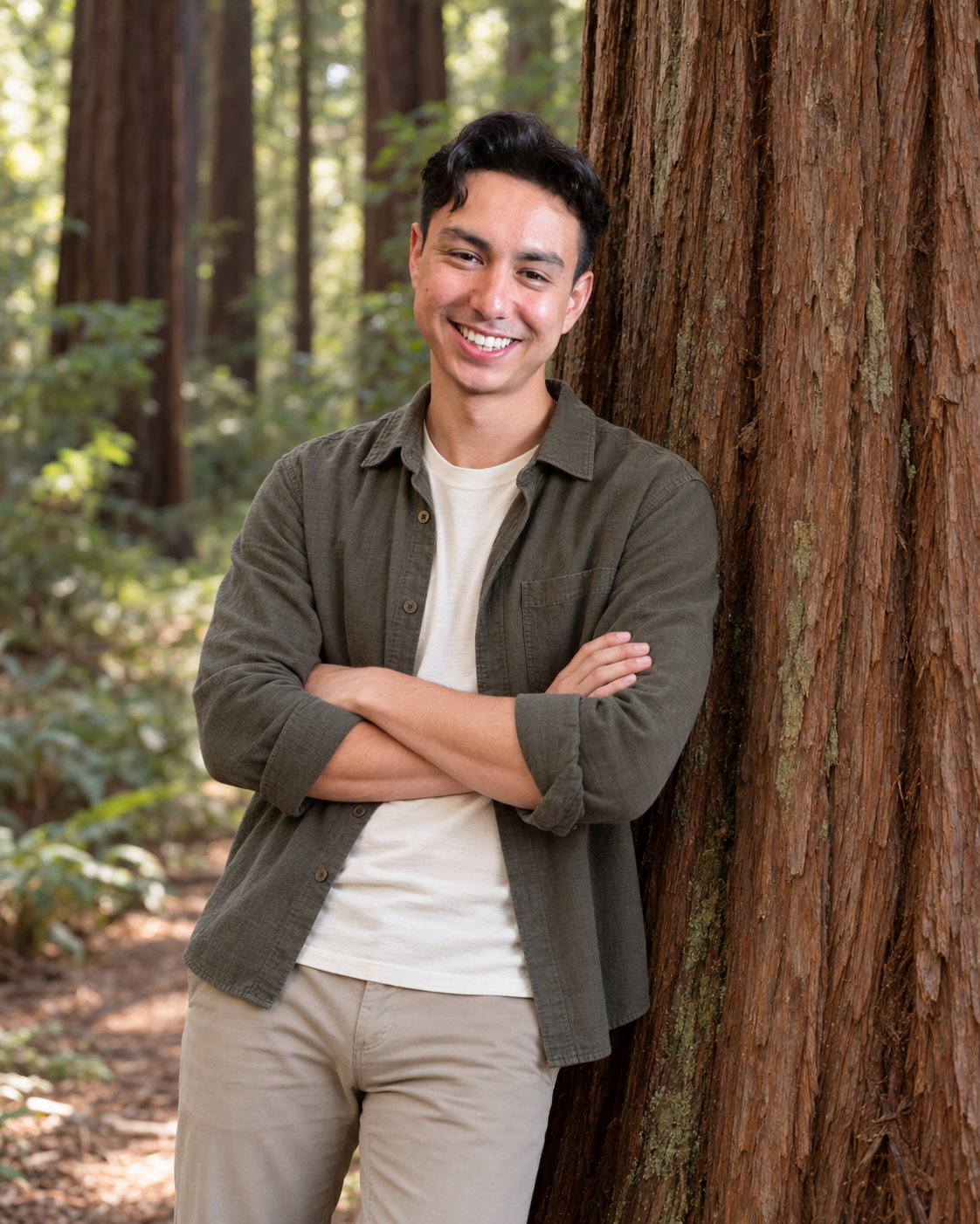 Will Lipsenthal, LMFT, standing beside a redwood tree