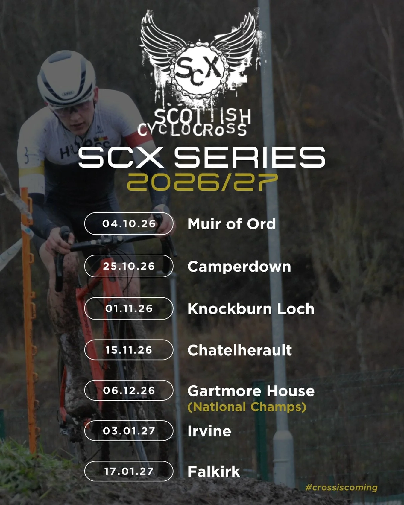 With 136 days to go until the 2026/27 Scottish Cyclocross Series gets underway we are delighted to announce the dates and venues for the Scottish Cyclocross Series! 

More details on our website (link in bio)

#crossiscoming