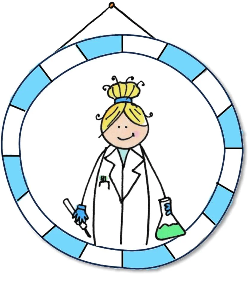 Illustrated circular hanging frame with blue and white panels, showing the Laura character from OCD Doodles dressed as a scientist in a white lab coat, holding a pipette and a flask of green liquid.