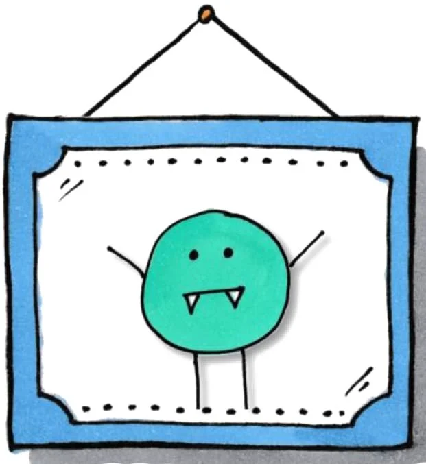 Hand-drawn OCD Doodles character with a round turquoise body, small fangs, and raised arms, displayed inside a blue hanging picture frame.