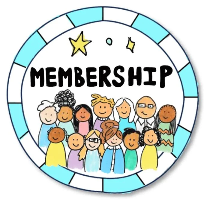 Hand-drawn badge reading “Membership” showing a group of people representing OCD Doodles members.