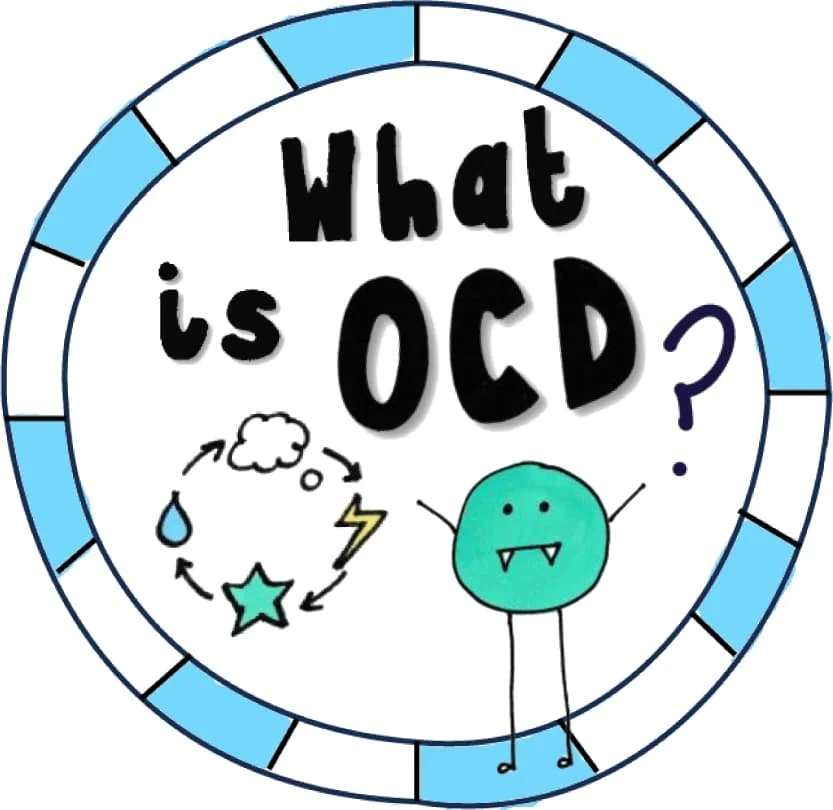 Hand-drawn circular OCD Doodles badge with blue and white sections, featuring the text What is OCD, the OCD cycle symbols, and the turquoise OCD character.
