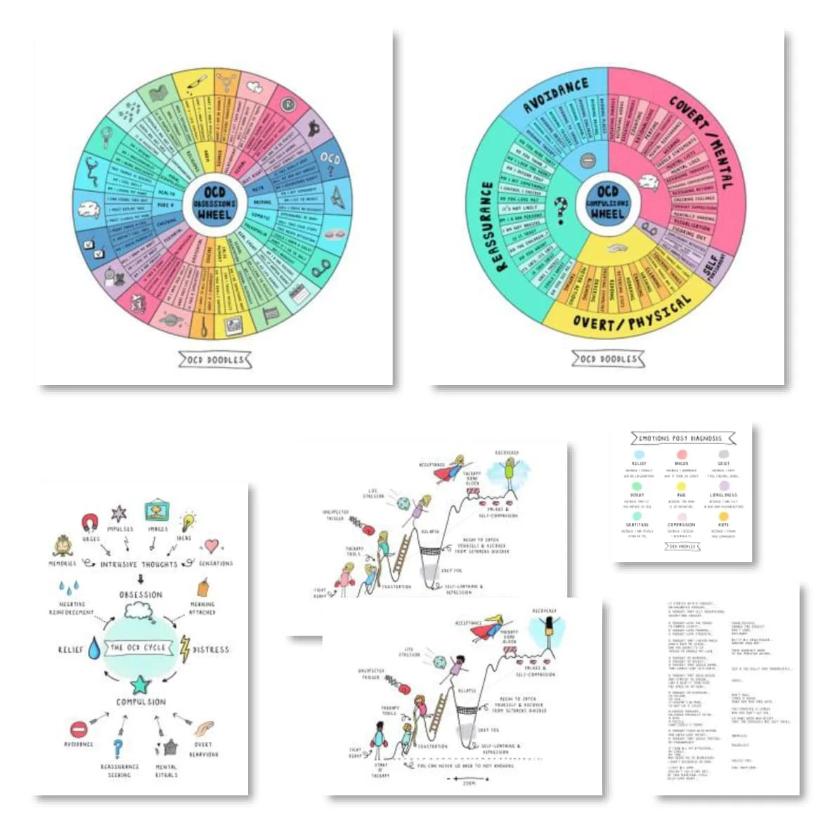 Preview image of the OCD Doodles Starter Collection, showing included resources such as the obsessions wheel, compulsions wheel, OCD cycle, progress isn’t linear artwork, emotions post diagnosis, and bonus poem pages.
