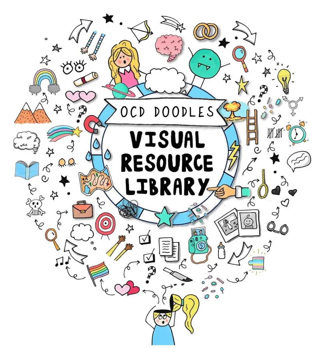 OCD Doodles Visual Resource Library membership logo featuring the title in a circular design surrounded by hand-drawn OCD-themed icons, symbols, and characters.