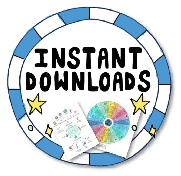Hand-drawn badge reading “Instant Downloads” showing OCD Doodles printable resources.