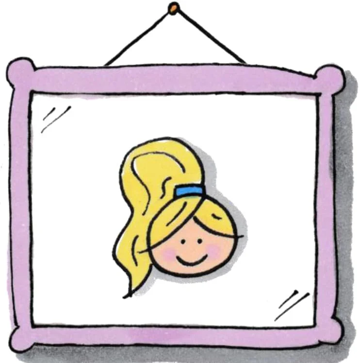 Hand-drawn blonde Laura character smiling inside a pink hanging picture frame, shown in the simple doodle style of OCD Doodles.