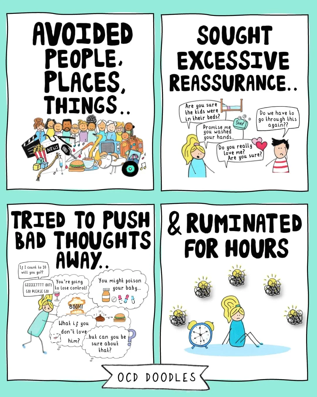OCD Doodles illustration showing common compulsions, including avoiding people, places and things, seeking excessive reassurance, trying to push bad thoughts away, and ruminating for hours.