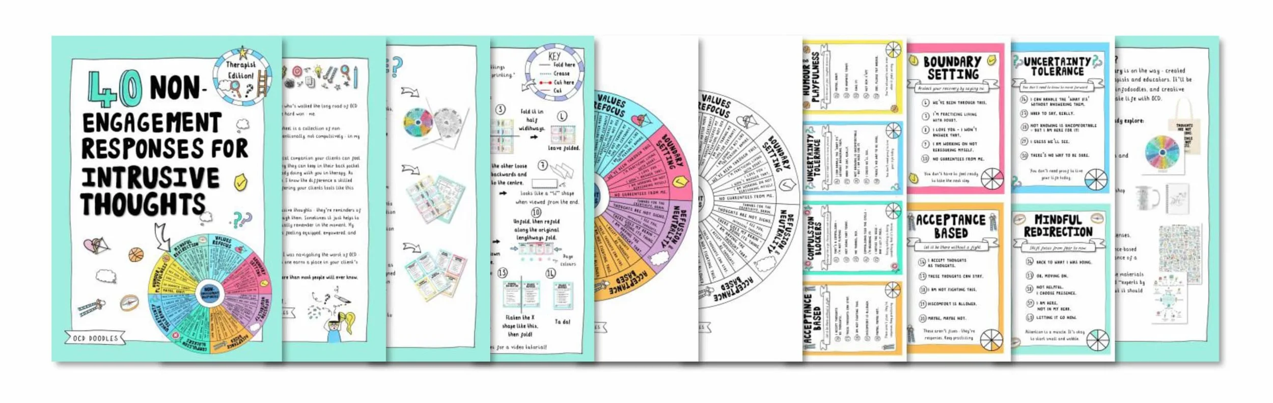 Banner for the OCD Doodles free resource 40 Non-Engagement Responses for Intrusive Thoughts, showing preview pages of the lead magnet, including the response wheel, printable cards, foldable version, and therapist edition materials.