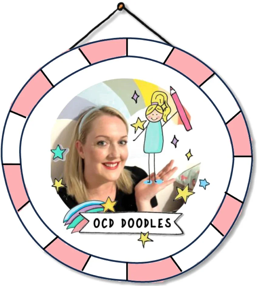 Round OCD Doodles logo featuring Laura Johnson smiling, with a hand-drawn OCD Doodles character, stars, rainbow details, and the text OCD Doodles inside a pink and white circular hanging badge.