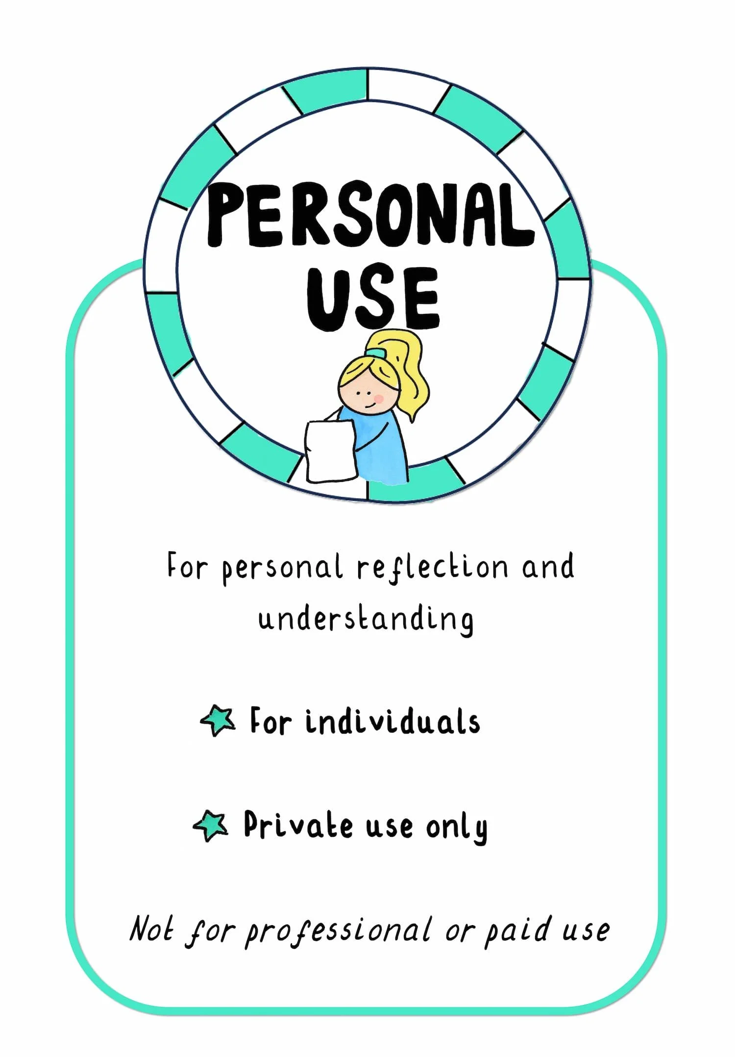 Personal Use licence graphic showing the text “Personal Use” with a blonde cartoon figure, and the wording “For personal reflection and understanding,” “For individuals,” “Private use only,” and “Not for professional or paid use.”