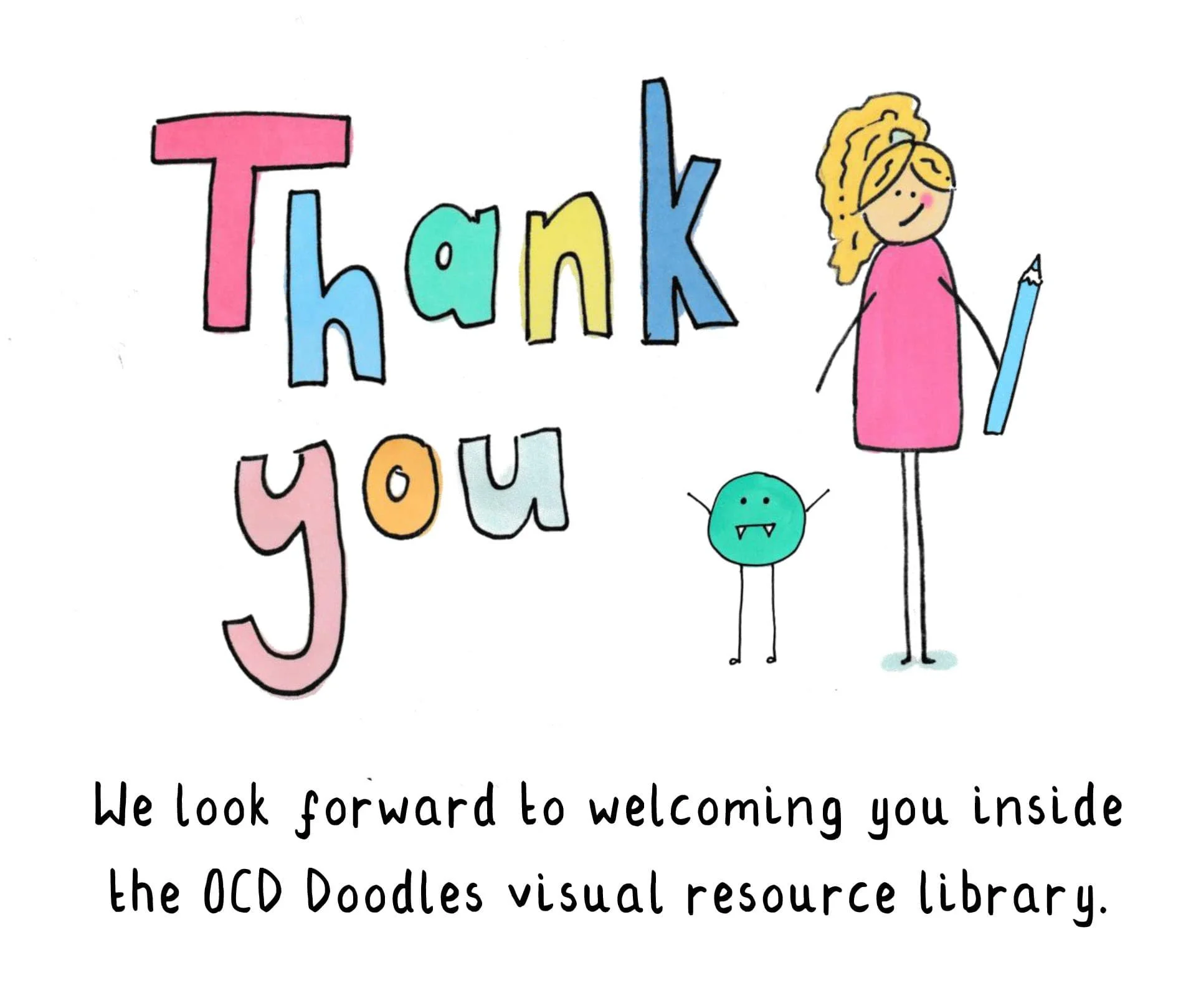 Hand-drawn thank-you image with colourful lettering, Laura holding a pencil, and the OCD Doodles character, with text welcoming new members to the OCD Doodles visual resource library.