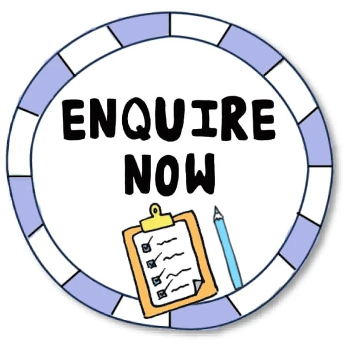 Hand-drawn badge reading “Enquire Now” for using OCD Doodles in paid or public content.