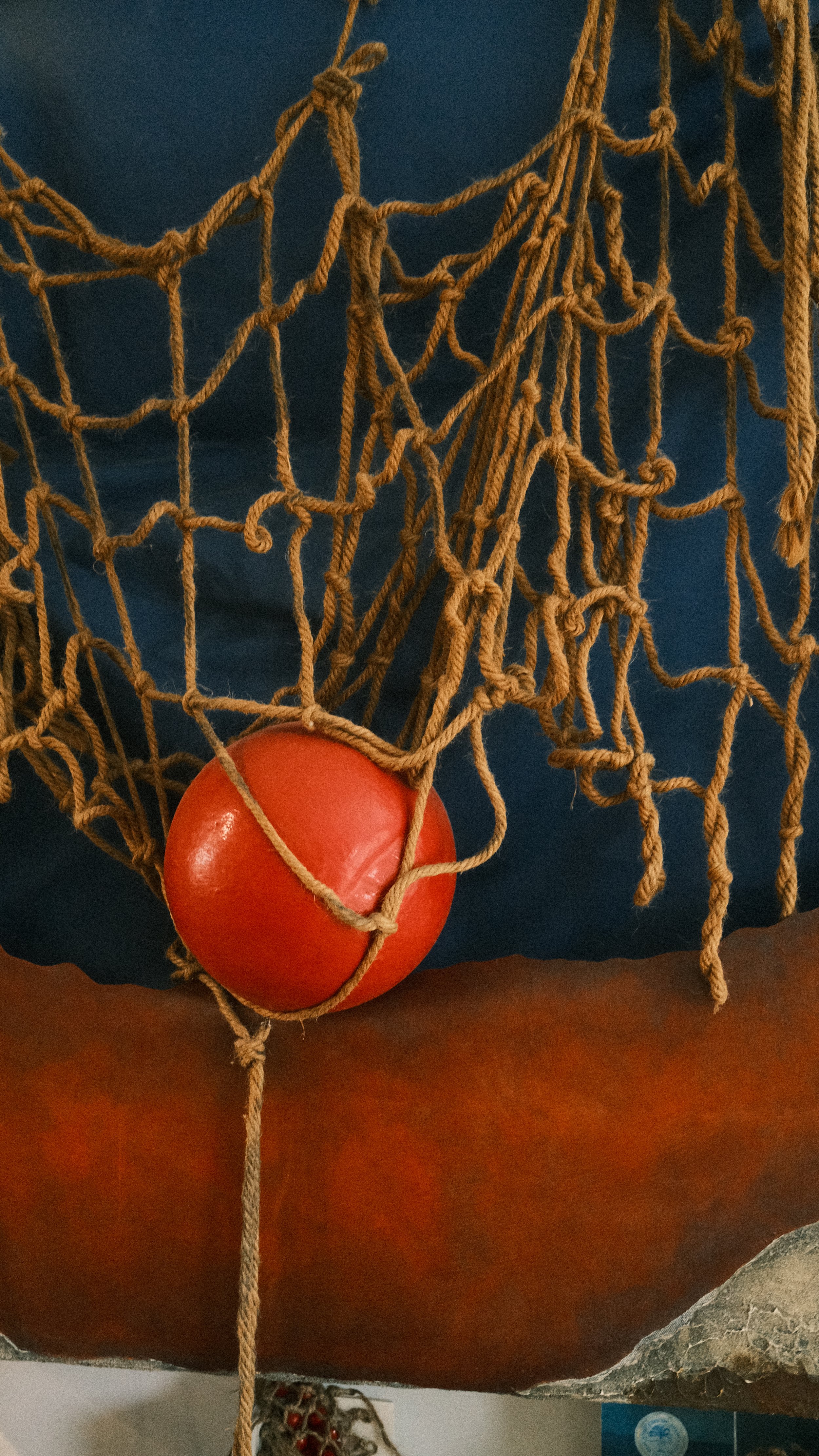 Detail of red sphere entangled in net.