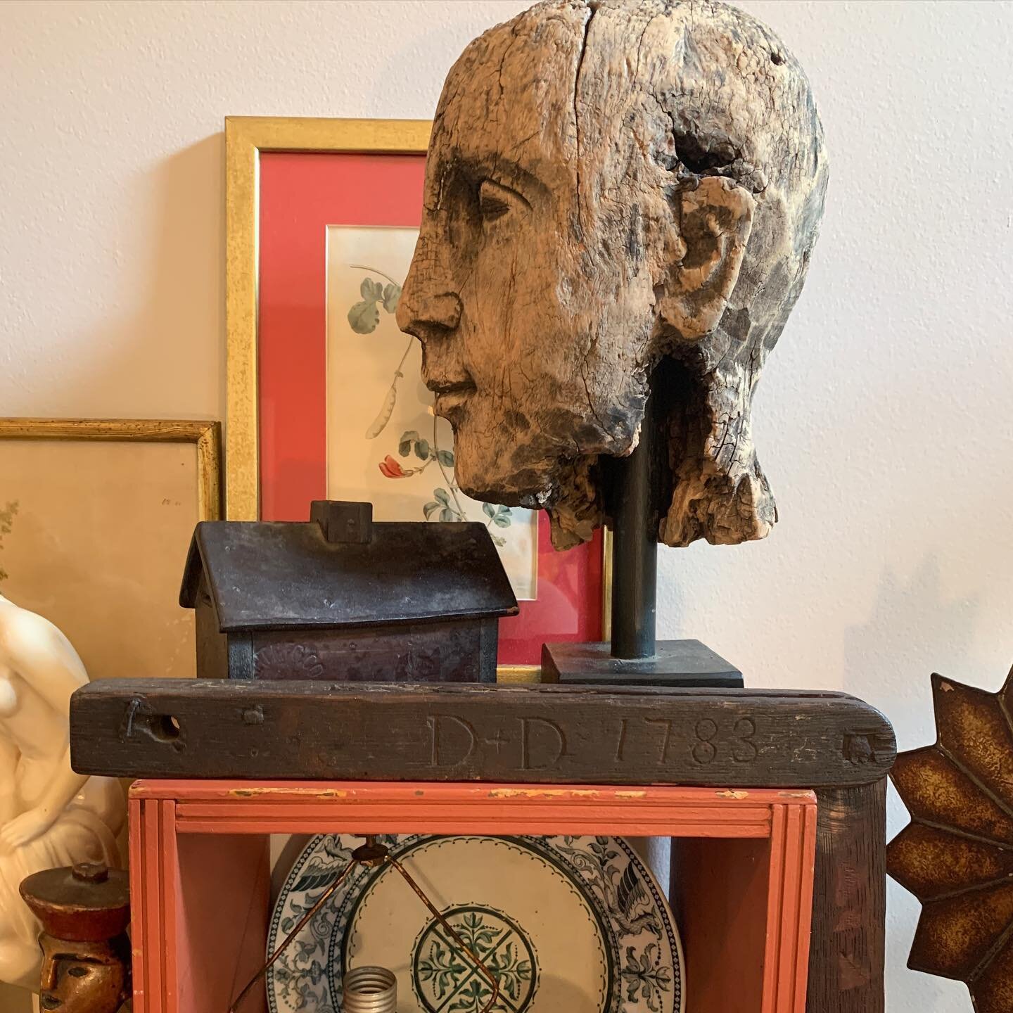 Carved Head&nbsp;early 1900s, nearly life-size, ht. to 10&rdquo;. With custom base 14&rdquo; tall Asking $400 shipped

Wooden square, inscribed&nbsp;D+D 1783, 13 1/2&quot; closed.  Asking $175

20th c. Handmade Folk Art Still Bank House is made from 