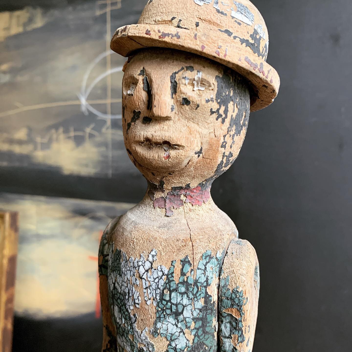 Folk Art Carved Articulated Figure, Americana, supposedly of Bo Jangles, 22.5&rdquo;H with steal armature mounted to red brick base, illustrated in book: Machmer, &ldquo;Just for Nice&rdquo; (figure 184) $1100 

Thank you for stopping by we will be p