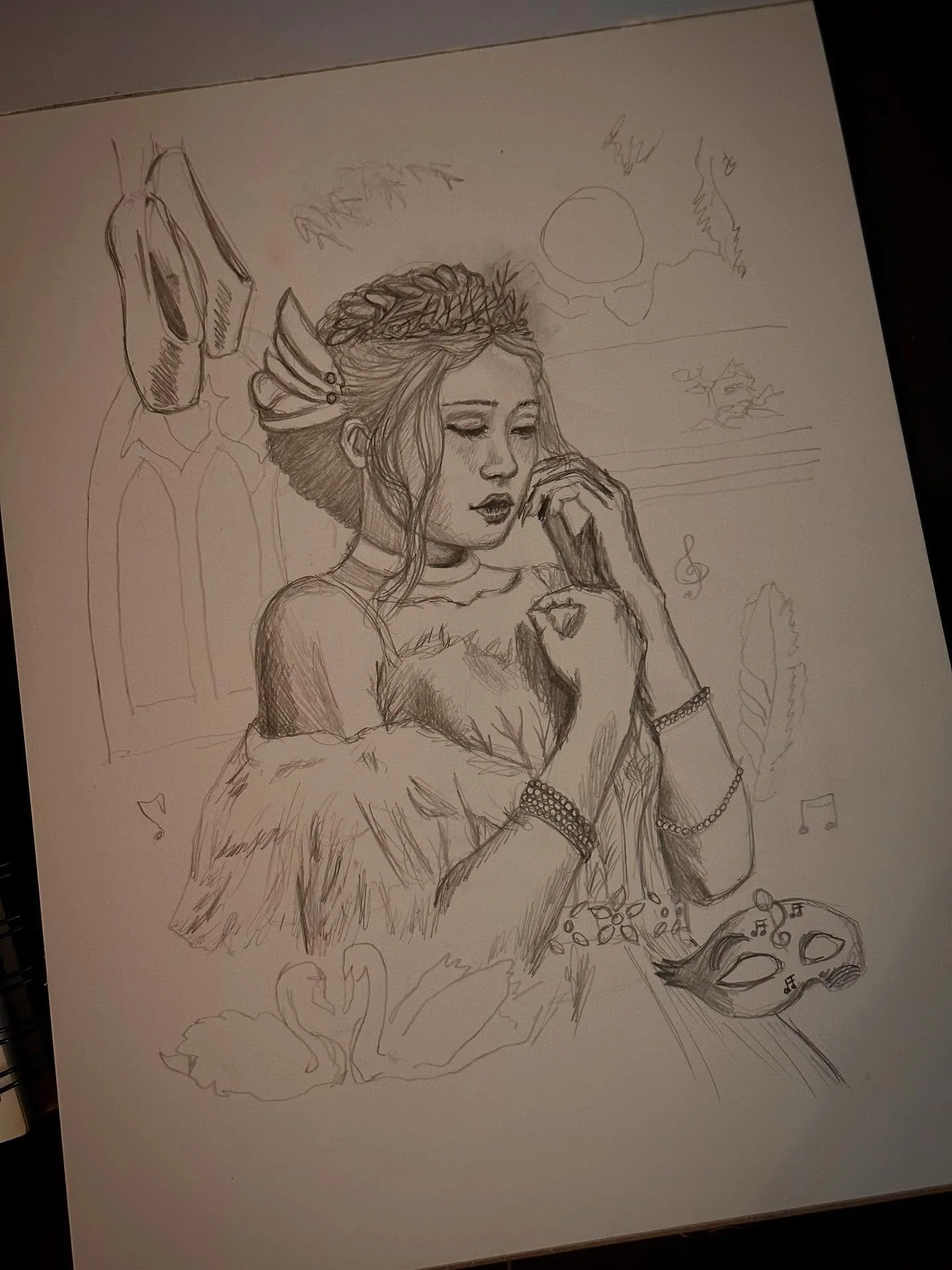 The Swan Princess is emerging… 🦢🌒✨ #wipdrawing #drawingprogress #drawingprocess #artprocess #collageart #collagedrawing #swanlakeballet #pencilportraitdrawing