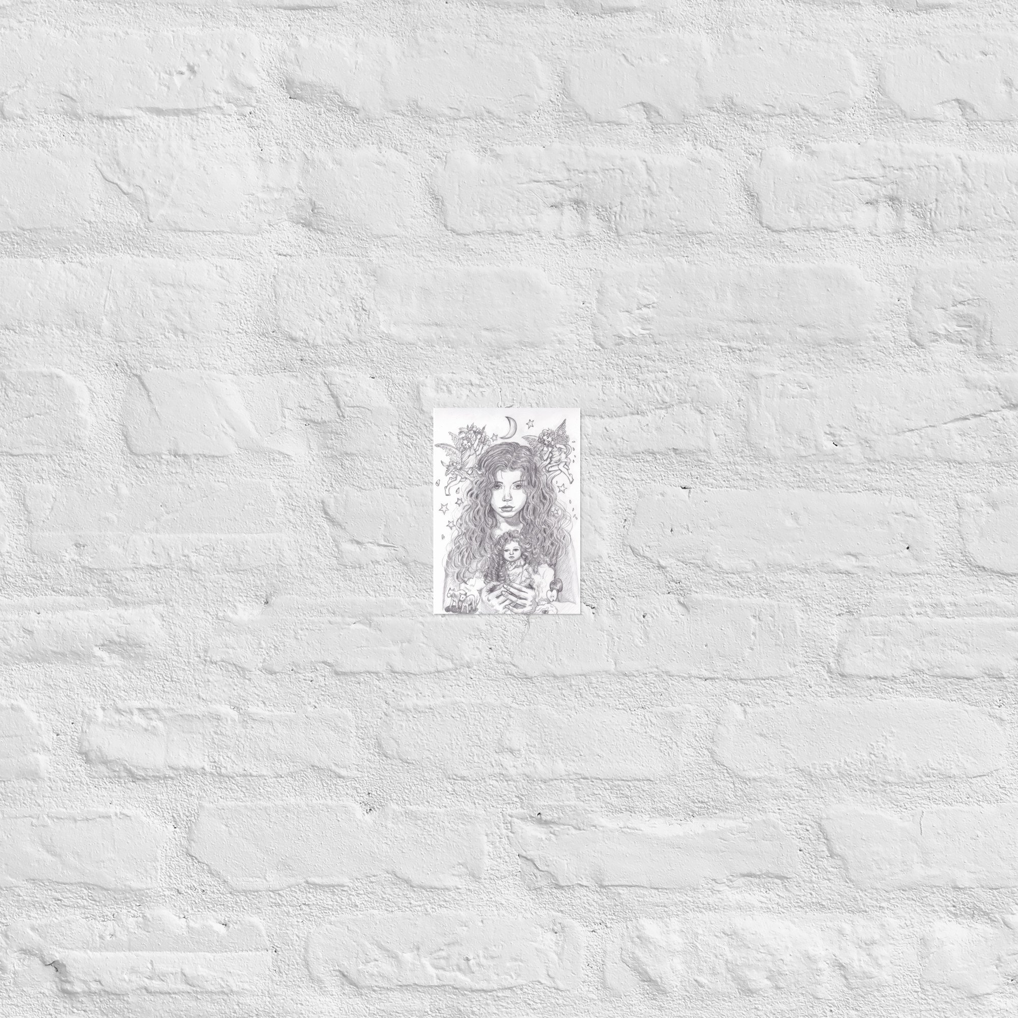 A young woman with curly hair holds a doll, surrounded by cherubs and stars. The night sky is depicted with a crescent moon.