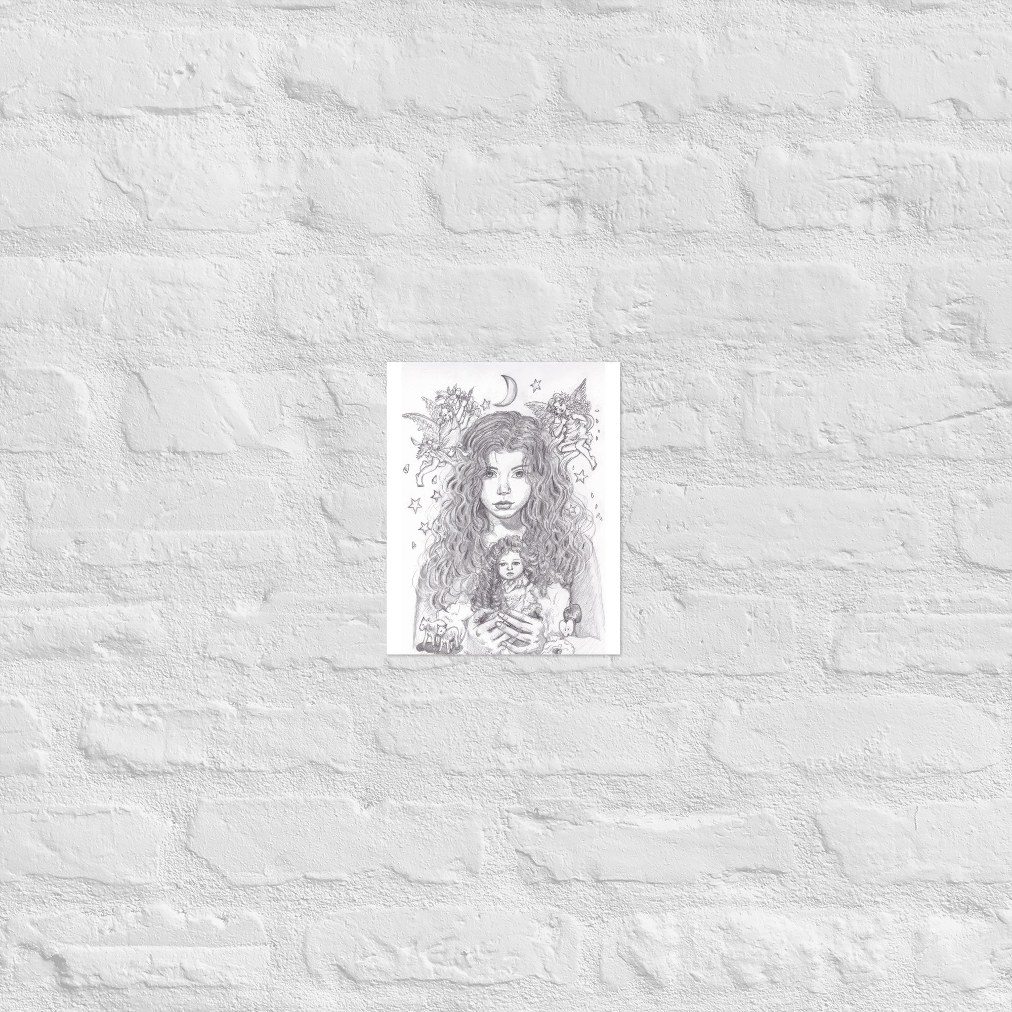 A young woman with curly hair holds a doll, surrounded by cherubs and stars. The night sky is depicted with a crescent moon.