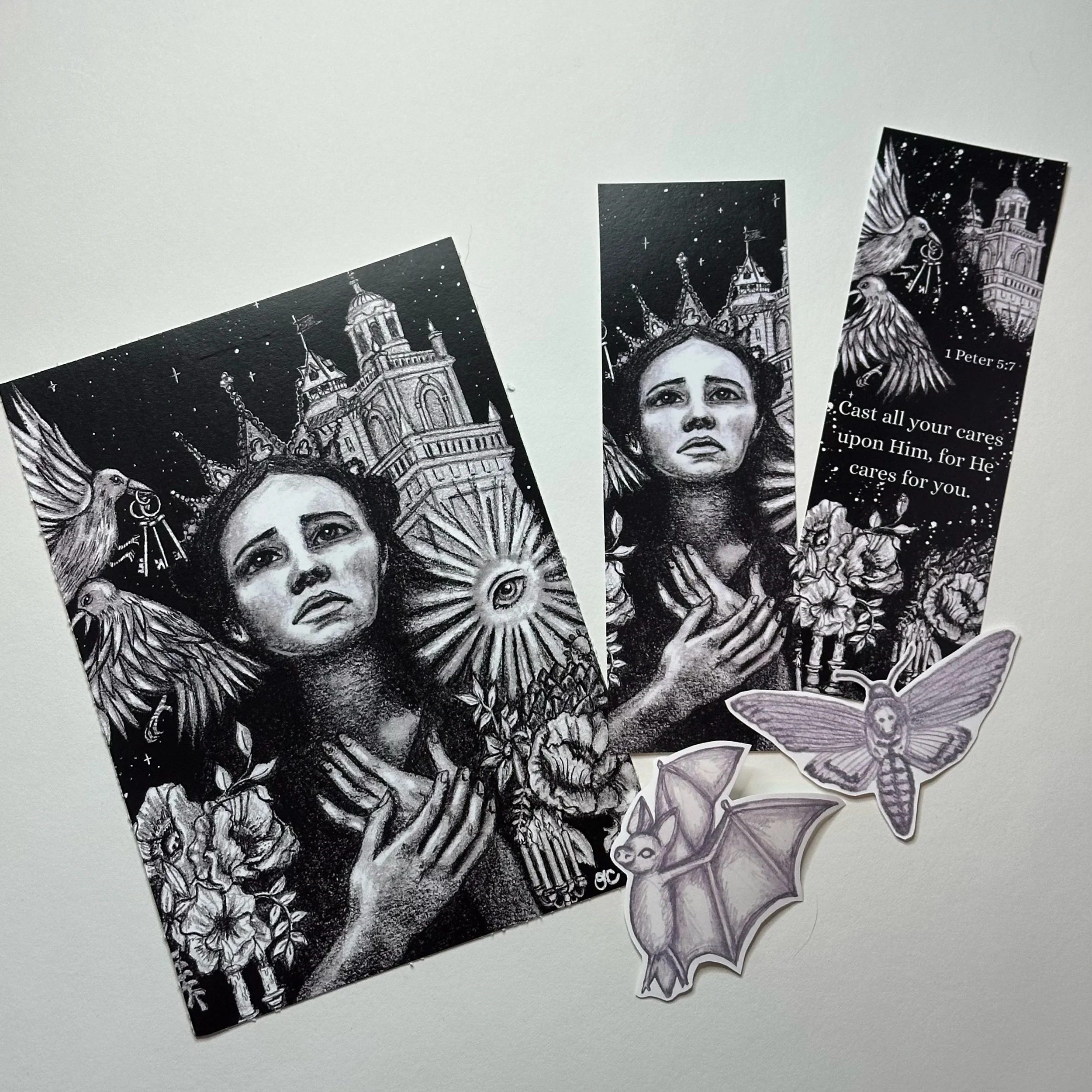 Cast Your Cares, Gothic Grayscale Postcard Art Print + Bookmark